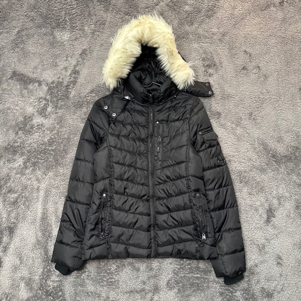 Southpole Womens Black Puffer Jacket Faux Fur Trim Hood Quilted Coat Small